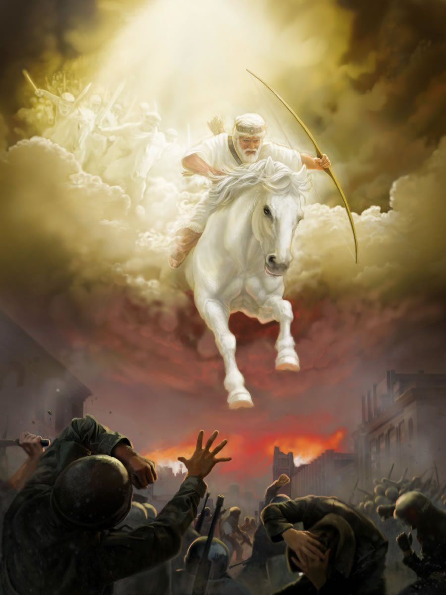 Enoch rides from the heavens to dispense God’s righteousness. Enoch is known as the first true prophet, Recorder of Israel and recipient of heavenly knowledge.